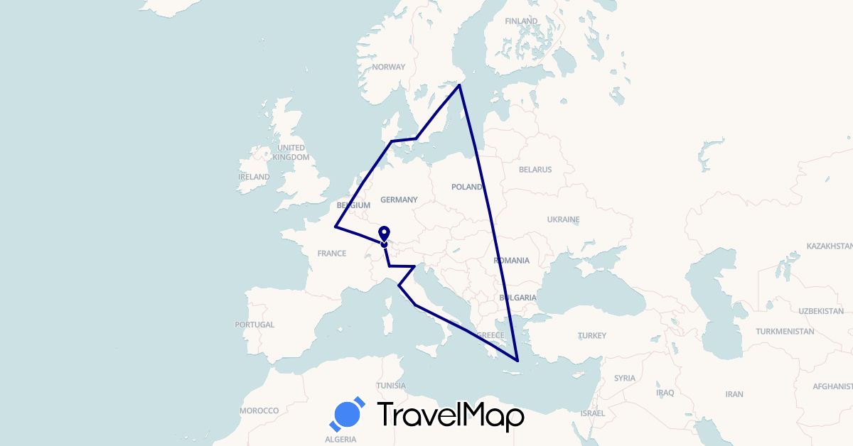 TravelMap itinerary: driving in Switzerland, Denmark, France, Greece, Italy, Sweden (Europe)